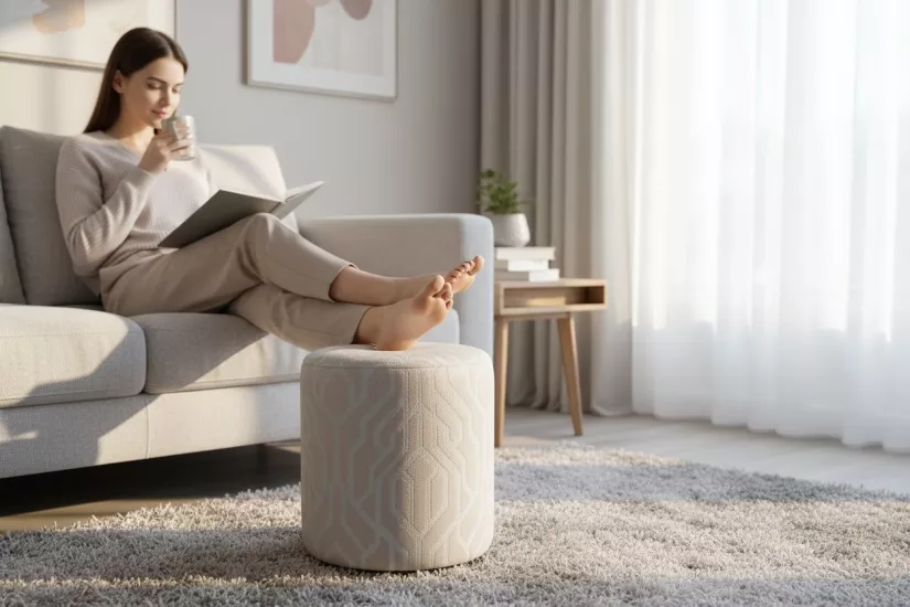 Premium Keten Dokulu Antibakteriyel Tasarım Puf | Modern Geometrik Desenli