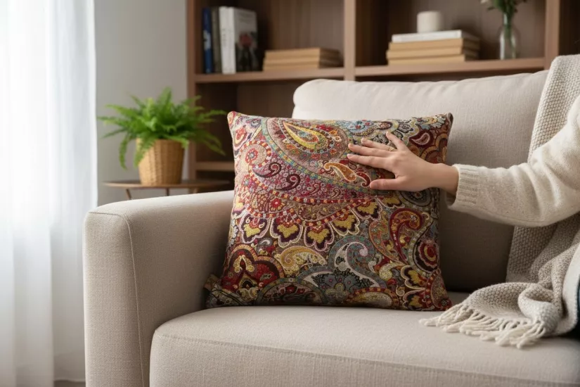 Lüks Şal Desenli Kırlent Kılıfı, Premium Dokuma Kumaş, Modern & Klasik Dekoratif Yastık