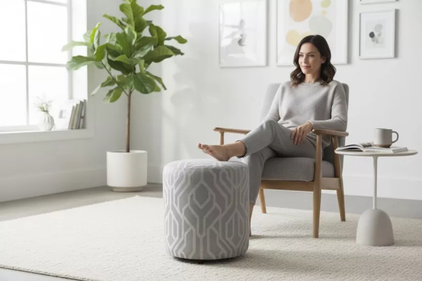Premium Keten Dokulu Antibakteriyel Tasarım Puf | Modern Geometrik Desenli