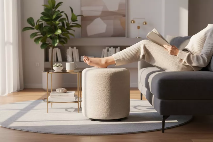 Premium Keten Dokulu Antibakteriyel Tasarım Puf | Modern Geometrik Desenli