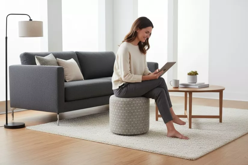 Premium Keten Dokulu Antibakteriyel Tasarım Puf | Modern Geometrik Desenli