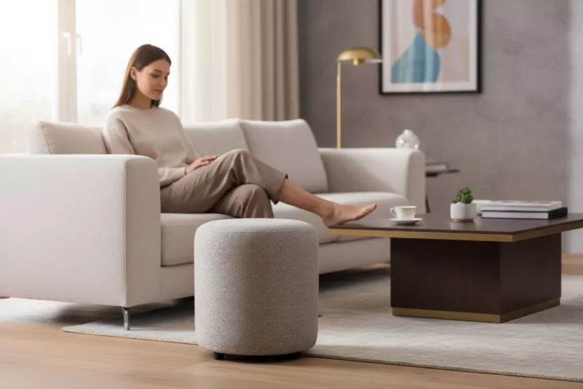 Premium Keten Dokulu Antibakteriyel Tasarım Puf | Modern Geometrik Desenli