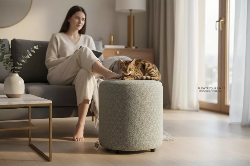 Premium Keten Dokulu Antibakteriyel Tasarım Puf | Modern Geometrik Desenli