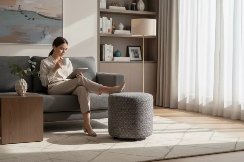 Premium Keten Dokulu Antibakteriyel Tasarım Puf | Modern Geometrik Desenli