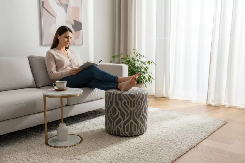 Premium Keten Dokulu Antibakteriyel Tasarım Puf | Modern Geometrik Desenli