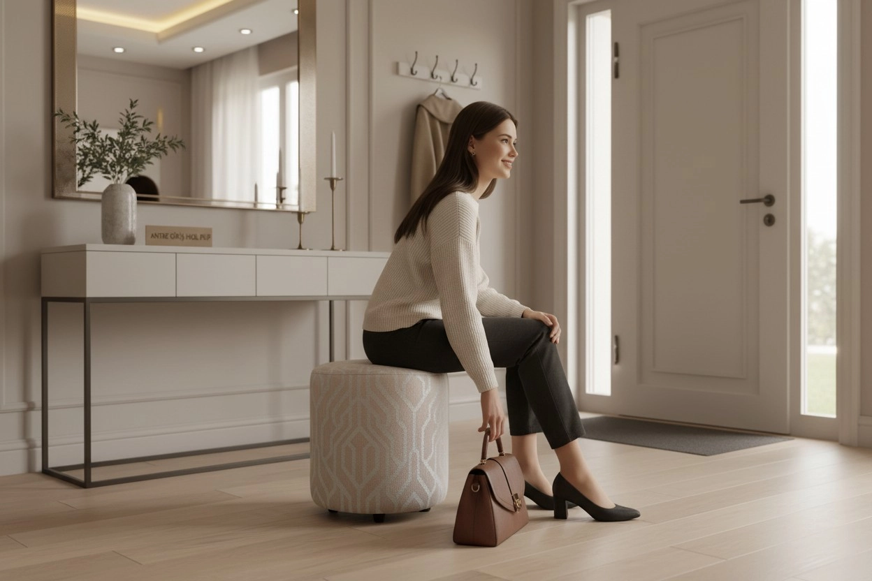 Premium Keten Dokulu Antibakteriyel Tasarım Puf | Modern Geometrik Desenli