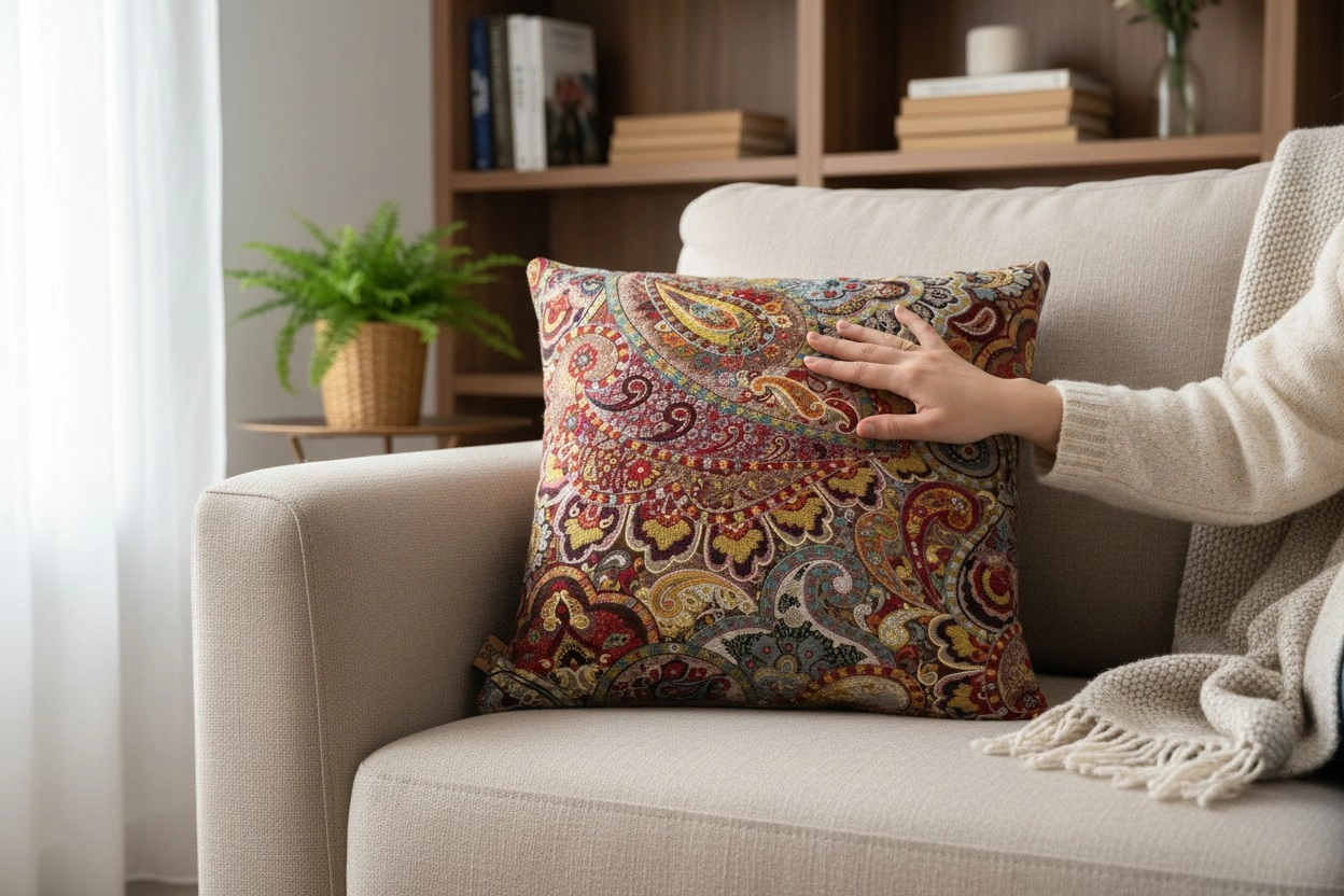 Lüks Şal Desenli Kırlent Kılıfı, Premium Dokuma Kumaş, Modern & Klasik Dekoratif Yastık