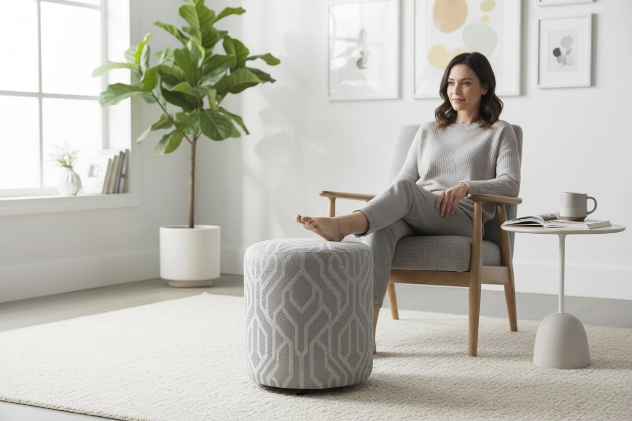 Premium Keten Dokulu Antibakteriyel Tasarım Puf | Modern Geometrik Desenli