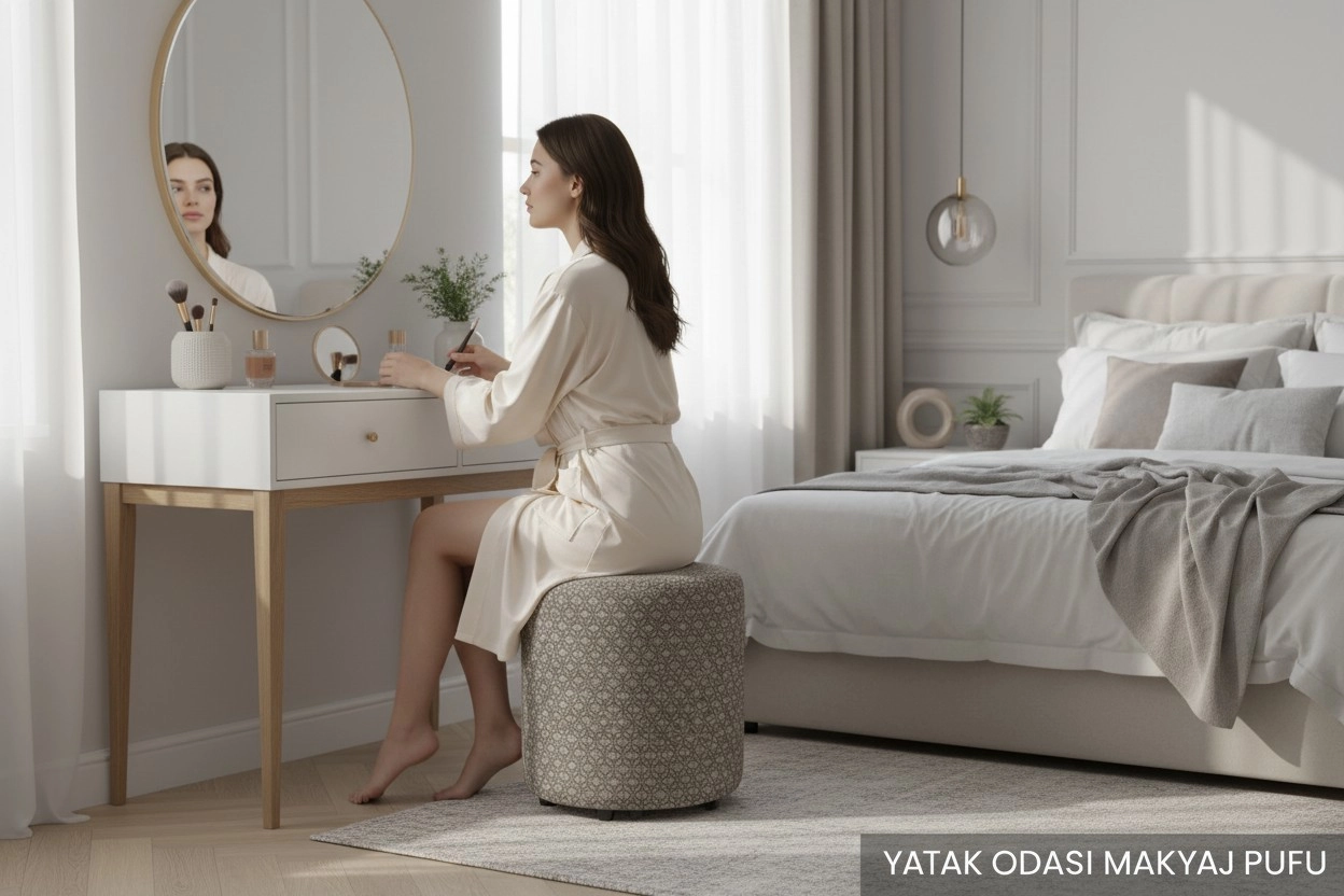 Premium Keten Dokulu Antibakteriyel Tasarım Puf | Modern Geometrik Desenli