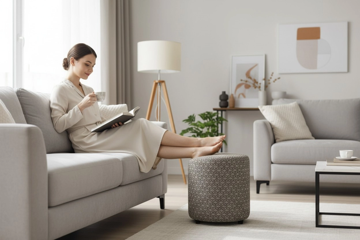 Premium Keten Dokulu Antibakteriyel Tasarım Puf | Modern Geometrik Desenli