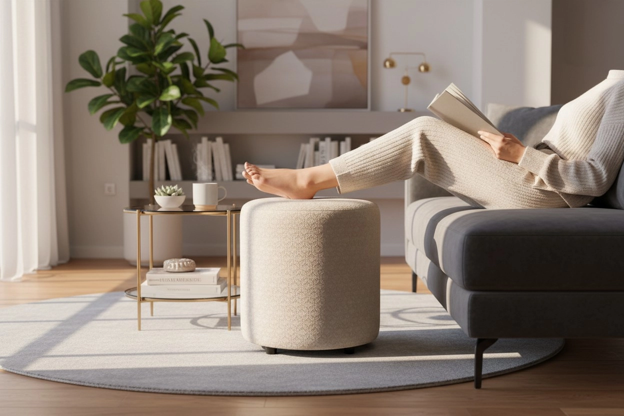 Premium Keten Dokulu Antibakteriyel Tasarım Puf | Modern Geometrik Desenli