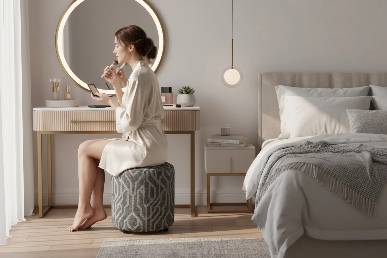 Premium Keten Dokulu Antibakteriyel Tasarım Puf | Modern Geometrik Desenli