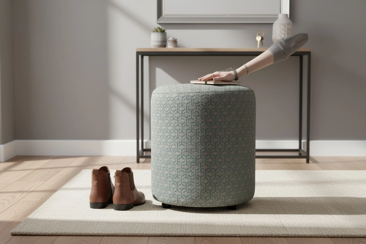 Premium Keten Dokulu Antibakteriyel Tasarım Puf | Modern Geometrik Desenli