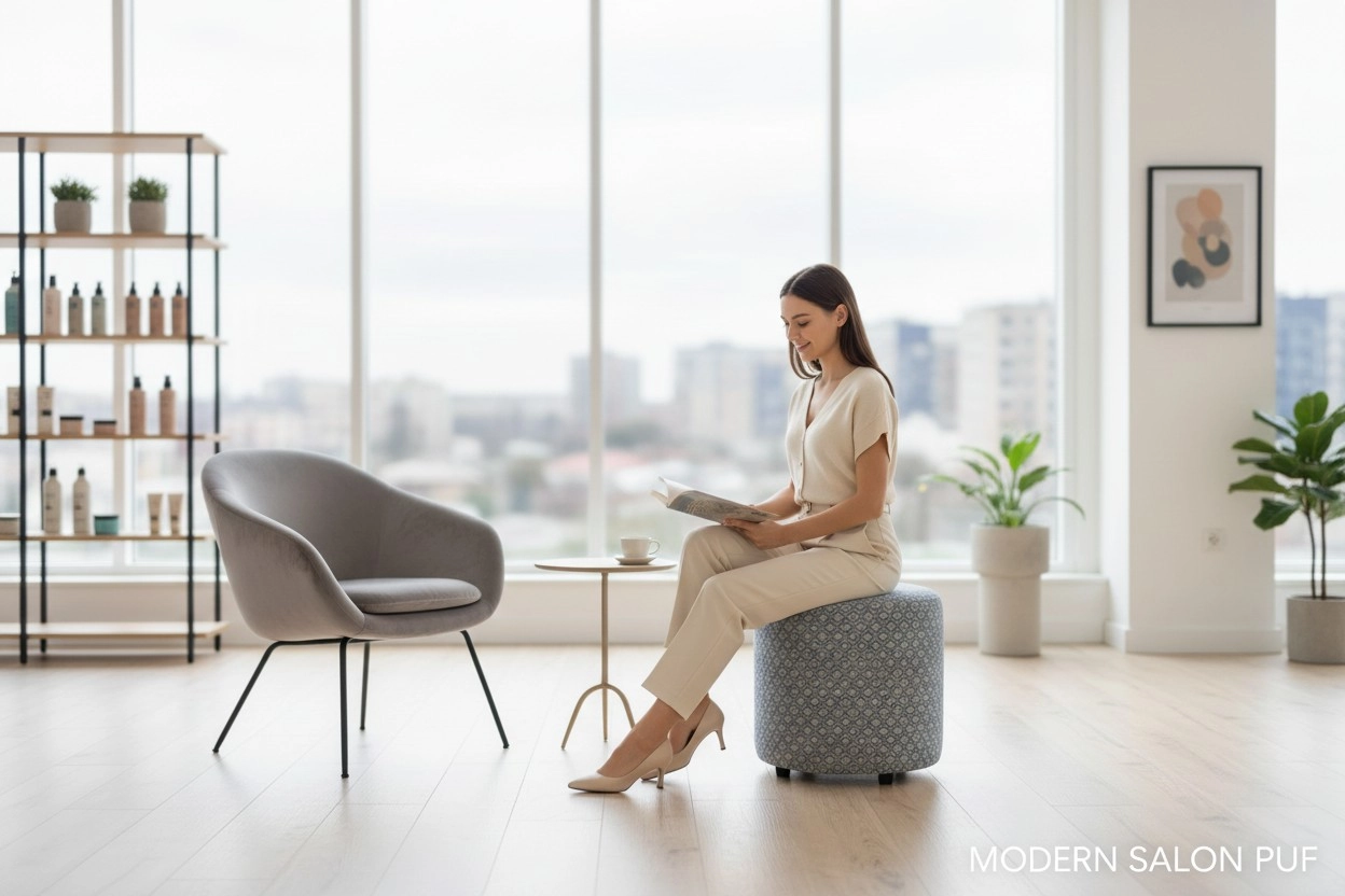 Premium Keten Dokulu Antibakteriyel Tasarım Puf | Modern Geometrik Desenli
