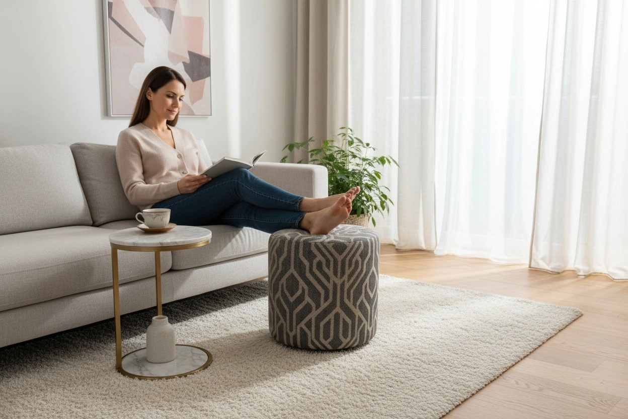 Premium Keten Dokulu Antibakteriyel Tasarım Puf | Modern Geometrik Desenli